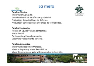 La meta
Para los Clientes.
Mayor Valor Agregado.
Elevados niveles de Satisfacción y Fidelidad.
Productos y Servicios libres de defectos.
Productos y Servicios de un alto grado de confiabilidad.
Para los Empleados.
Trabajo en Equipo y Visión compartida.
Pro-actividad.Pro-actividad.
Participación y Empoderamiento.
Desarrollo y Crecimiento personal.
Para los Accionistas.
Mayor Participación de Mercado.
Mayores Ingresos y Mayor Rentabilidad.
Mayor Generación de Valor y Retorno sobre la Inversión.
 