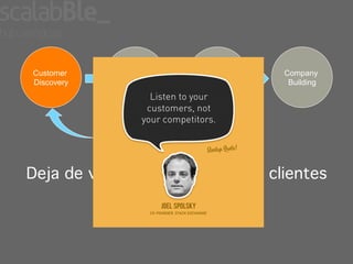 Customer    Customer     Customer    Company
Discovery   Validation    Creation    Building




Deja de vender y escucha a tus clientes!
                   !
          Valida tus hipótesis!
 