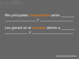 Mis principales competidores serán _______
________________ y _________________

Les ganaré en el mercado debido a _______
____________ y _____________________




                              Competencia (hipótesis)
 