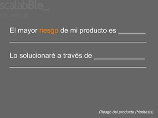 El mayor riesgo de mi producto es _______
___________________________________

Lo solucionaré a través de _____________
___________________________________




                          Riesgo del producto (hipótesis)
 