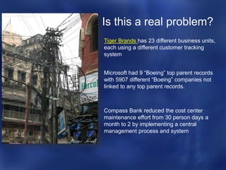 Is this a real problem?
Tiger Brands has 23 different business units,
each using a different customer tracking
system


Microsoft had 9 “Boeing” top parent records
with 5907 different “Boeing” companies not
linked to any top parent records.



Compass Bank reduced the cost center
maintenance effort from 30 person days a
month to 2 by implementing a central
management process and system
 