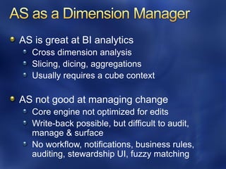 AS is great at BI analytics
   Cross dimension analysis
   Slicing, dicing, aggregations
   Usually requires a cube context

AS not good at managing change
   Core engine not optimized for edits
   Write-back possible, but difficult to audit,
   manage & surface
   No workflow, notifications, business rules,
   auditing, stewardship UI, fuzzy matching
 