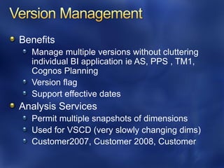 Benefits
  Manage multiple versions without cluttering
  individual BI application ie AS, PPS , TM1,
  Cognos Planning
  Version flag
  Support effective dates
Analysis Services
  Permit multiple snapshots of dimensions
  Used for VSCD (very slowly changing dims)
  Customer2007, Customer 2008, Customer
 