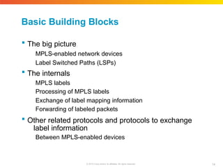 Basic Building Blocks
14
© 2010 Cisco and/or its affiliates. All rights reserved.
 The big picture
MPLS-enabled network devices
Label Switched Paths (LSPs)
 The internals
MPLS labels
Processing of MPLS labels
Exchange of label mapping information
Forwarding of labeled packets
 Other related protocols and protocols to exchange
label information
Between MPLS-enabled devices
 