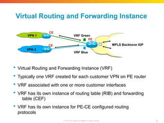 Virtual Routing and Forwarding Instance
VRF Blue
 Virtual Routing and Forwarding Instance (VRF)
 Typically one VRF created for each customer VPN on PE router
 VRF associated with one or more customer interfaces
 VRF has its own instance of routing table (RIB) and forwarding
table (CEF)
 VRF has its own instance for PE-CE configured routing
protocols
CE
VRF Green
PE
CE
VPN 2
VPN 1
MPLS Backbone IGP
41
© 2010 Cisco and/or its affiliates. All rights reserved.
 