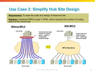 Use Case 2: Simplify Hub Site Design
Requirement: To ease the scale and design of head-end site
Solution: Implement MPLS Layer 3 VPNs, which reduces the number of routing
peers of the central site
Central Site
Remote Sites
Central site has high
number of routing
peers – creates a
complicated
headend design
Central Site
Remote Sites
Central site has a
single routing
peer – enhancing
head-end design
MPLS Backbone
46
© 2010 Cisco and/or its affiliates. All rights reserved.
 