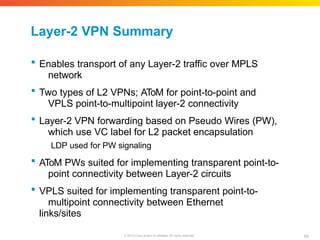 Layer-2 VPN Summary
65
© 2010 Cisco and/or its affiliates. All rights reserved.
 Enables transport of any Layer-2 traffic over MPLS
network
 Two types of L2 VPNs; AToM for point-to-point and
VPLS point-to-multipoint layer-2 connectivity
 Layer-2 VPN forwarding based on Pseudo Wires (PW),
which use VC label for L2 packet encapsulation
LDP used for PW signaling
 AToM PWs suited for implementing transparent point-to-
point connectivity between Layer-2 circuits
 VPLS suited for implementing transparent point-to-
multipoint connectivity between Ethernet
links/sites
 