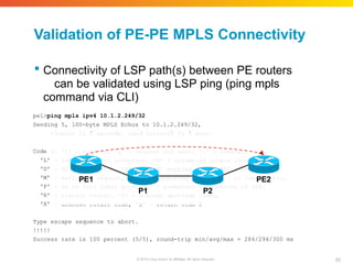 Validation of PE-PE MPLS Connectivity
 Connectivity of LSP path(s) between PE routers
can be validated using LSP ping (ping mpls
command via CLI)
pe1>ping mpls ipv4 10.1.2.249/32
Sending 5, 100-byte MPLS Echos to 10.1.2.249/32,
Code
'L'
'D'
'M'
'P'
'R'
'X'
timeout is 2 seconds, send interval is 0 msec:
s: '!' - success, 'Q' - request not sent, '.' - timeout,
- labeled output interface, 'B' - unlabeled output interface,
- DS Map mismatch, 'F' - no FEC mapping, 'f' - FEC mismatch,
- malformed request, 'm' - unsupported tlvs, 'N' - no label entry,
- no rx intf label prot, 'p' - premature termination of LSP,
- transit router, 'I' - unknown upstream index,
- unknown return code, 'x' - return code 0
Type escape sequence to abort.
!!!!!
Success rate is 100 percent (5/5), round-trip min/avg/max = 284/294/300 ms
PE1
P1
93
© 2010 Cisco and/or its affiliates. All rights reserved.
P2
PE2
 