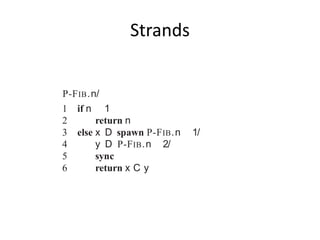 Strands
algorithms. Observe that within FIB.n/, the two recursive calls i
FIB.n 1/ and FIB.n 2/, respectively, are independent of each
be called in either order, and the computation performed by one
the other. Therefore, the two recursive calls can run in parallel.
We augment our pseudocode to indicate parallelism by adding
keywords spawn and sync. Here is how we can rewrite the FIB
dynamic multithreading:
P-FIB.n/
1 if n 1
2 return n
3 else x D spawn P-FIB.n 1/
4 y D P-FIB.n 2/
5 sync
6 return x C y
Notice that if we delete the concurrency keywords spawn and s
the resulting pseudocode text is identical to FIB (other than renam
in the header and in the two recursive calls). We deﬁne the serial
tithreaded algorithm to be the serial algorithm that results from d
 