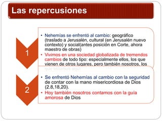 Las repercusiones
1
• Nehemías se enfrentó al cambio: geográfico
(traslado a Jerusalén, cultural (en Jerusalén nuevo
contexto) y social(antes posición en Corte, ahora
maestro de obras)
• Vivimos en una sociedad globalizada de tremendos
cambios de todo tipo: especialmente ellos, los que
vienen de otros lugares, pero también nosotros, los
que estamos aquí
2
• Se enfrentó Nehemías al cambio con la seguridad
de contar con la mano misericordiosa de Dios
(2.8,18,20).
• Hoy también nosotros contamos con la guía
amorosa de Dios
 