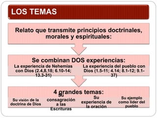 LOS TEMAS
4 grandes temas:
Su visión de la
doctrina de Dios
Su
consagración
a las
Escrituras
Su
experiencia de
la oración
Su ejemplo
como líder del
pueblo
Se combinan DOS experiencias:
La experiencia de Nehemías
con Dios (2.4,8,18; 6.10-14;
13.3-31)
La experiencia del pueblo con
Dios (1.5-11; 4.14; 8.1-12; 9.1-
37)
Relato que transmite principios doctrinales,
morales y espirituales:
 