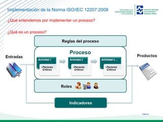ineel.mx
Implementación de la Norma ISO/IEC 12207:2008
¿Qué entendemos por implementar un proceso?
¿Qué es un proceso?
 