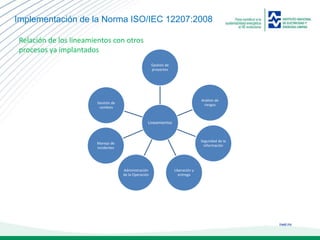 ineel.mx
Implementación de la Norma ISO/IEC 12207:2008
Lineamientos
Gestión de
proyectos
Análisis de
riesgos
Seguridad de la
información
Liberación y
entrega
Administración
de la Operación
Manejo de
incidentes
Gestión de
cambios
Relación de los lineamientos con otros
procesos ya implantados
 