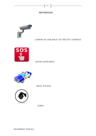 SEGURIDAD PÚBLICA
17
REFERENCIAS:
CAMARA DE VIGILANCIA DE CIRCUITO CERRADO
BOTON ANTIPANICO
MOVIL POLICIAL
DOMO
 