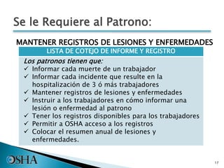 MANTENER REGISTROS DE LESIONES Y ENFERMEDADES
17
LISTA DE COTEJO DE INFORME Y REGISTRO
Los patronos tienen que:
 Informar cada muerte de un trabajador
 Informar cada incidente que resulte en la
hospitalización de 3 ó más trabajadores
 Mantener registros de lesiones y enfermedades
 Instruir a los trabajadores en cómo informar una
lesión o enfermedad al patrono
 Tener los registros disponibles para los trabajadores
 Permitir a OSHA acceso a los registros
 Colocar el resumen anual de lesiones y
enfermedades.
Se le Requiere al Patrono:
 
