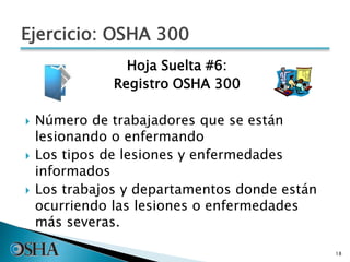 Hoja Suelta #6:
Registro OSHA 300
 Número de trabajadores que se están
lesionando o enfermando
 Los tipos de lesiones y enfermedades
informados
 Los trabajos y departamentos donde están
ocurriendo las lesiones o enfermedades
más severas.
18
Ejercicio: OSHA 300
 