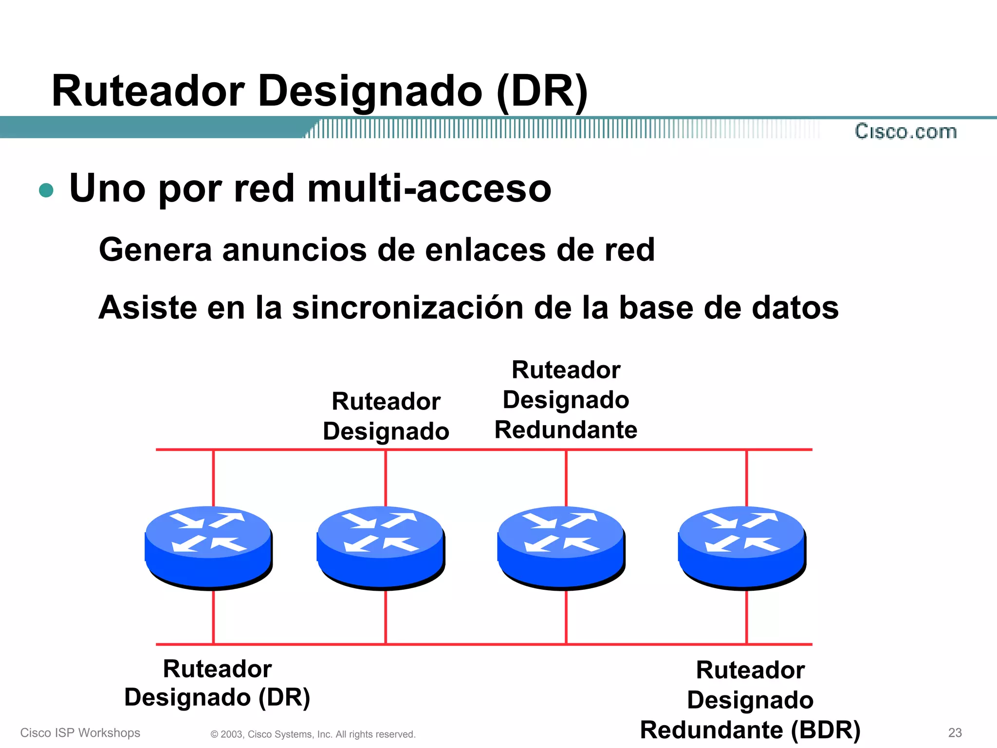 Ruteador Designado (DR)

  • Uno por red multi-acceso
            Genera anuncios de enlaces de red
            Asiste en la sincronización de la base de datos
                                                                          Ruteador
                                                Ruteador                 Designado
                                                Designado                Redundante




                  Ruteador                                                                Ruteador
                Designado (DR)                                                           Designado
Cisco ISP Workshops   © 2003, Cisco Systems, Inc. All rights reserved.                Redundante (BDR)   23
 