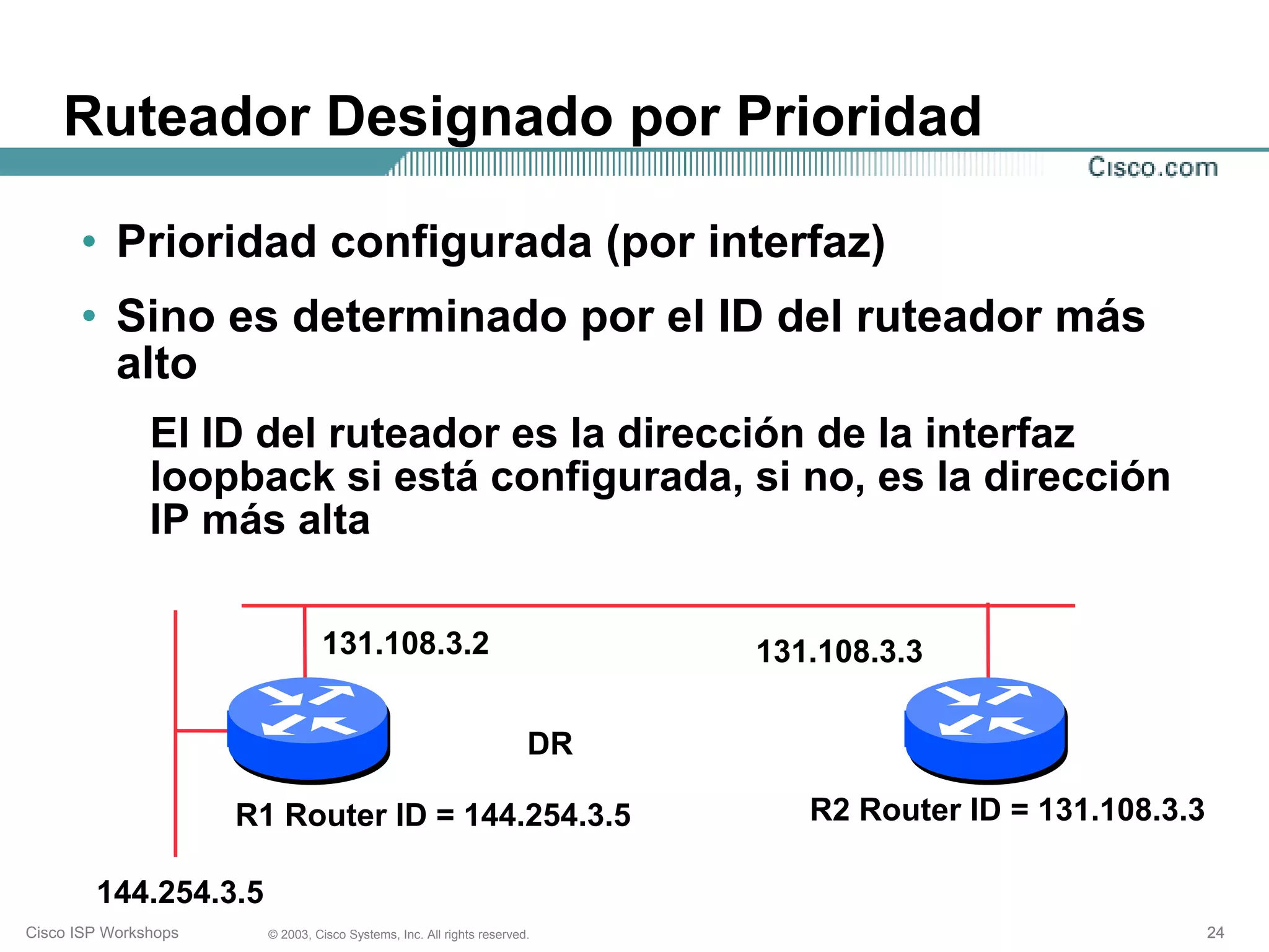 Ruteador Designado por Prioridad

      • Prioridad configurada (por interfaz)
      • Sino es determinado por el ID del ruteador más
        alto
               El ID del ruteador es la dirección de la interfaz
               loopback si está configurada, si no, es la dirección
               IP más alta

                                 131.108.3.2                                131.108.3.3

                                                                       DR

                      R1 Router ID = 144.254.3.5                               R2 Router ID = 131.108.3.3

        144.254.3.5
Cisco ISP Workshops     © 2003, Cisco Systems, Inc. All rights reserved.                                    24
 