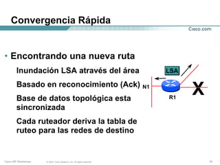 Convergencia Rápida


• Encontrando una nueva ruta
        Inundación LSA através del área                                       LSA

        Basado en reconocimiento (Ack)
        Base de datos topológica esta
                                                                         N1
                                                                              R1
                                                                                    X
        sincronizada
        Cada ruteador deriva la tabla de
        ruteo para las redes de destino


Cisco ISP Workshops   © 2003, Cisco Systems, Inc. All rights reserved.                  10
 