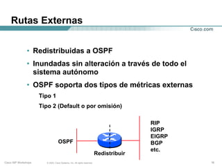 Rutas Externas


               • Redistribuidas a OSPF
               • Inundadas sin alteración a través de todo el
                 sistema autónomo
               • OSPF soporta dos tipos de métricas externas
                      Tipo 1
                      Tipo 2 (Default o por omisión)

                                                                                          RIP
                                                                                          IGRP
                                                                                          EIGRP
                                   OSPF                                                   BGP
                                                                                          etc.
                                                                           Redistribuir
Cisco ISP Workshops     © 2003, Cisco Systems, Inc. All rights reserved.                          16
 