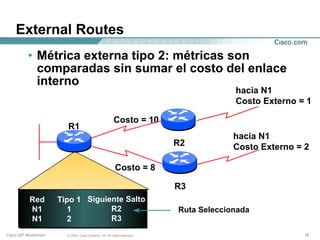 External Routes
          • Métrica externa tipo 2: métricas son
            comparadas sin sumar el costo del enlace
            interno
                                                                                        hacia N1
                                                                                        Costo Externo = 1

                                                         Costo = 10
                        R1
                                                                                        hacia N1
                                                                           R2           Costo Externo = 2

                                                          Costo = 8

                                                                           R3
           Red        Tipo 1 Siguiente Salto
           N1           1          R2                                      Ruta Seleccionada
           N1           2          R3
Cisco ISP Workshops     © 2003, Cisco Systems, Inc. All rights reserved.                               18
 
