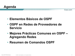 Agenda


           • Elementos Básicos de OSPF
           • OSPF en Redes de Proveedores de
             Servicio
           • Mejores Prácticas Comunes en OSPF –
             Agregando Redes
           • Resumen de Comandos OSPF


Cisco ISP Workshops   © 2003, Cisco Systems, Inc. All rights reserved.   2
 