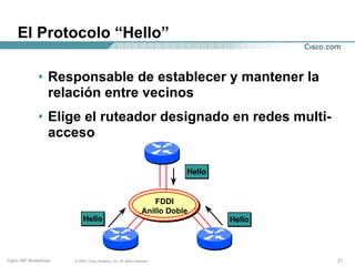 El Protocolo “Hello”

             • Responsable de establecer y mantener la
               relación entre vecinos
             • Elige el ruteador designado en redes multi-
               acceso

                                                                            Hello


                                                                     FDDI
                                                                 Anillo Doble
                           Hello                                                    Hello




Cisco ISP Workshops   © 2003, Cisco Systems, Inc. All rights reserved.                      21
 