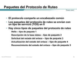 Paquetes del Protocolo de Ruteo


         • El protocolo comparte un encabezado común
         • Los paquetes del protocolo de ruteo se envían con
           un tipo de servicio (TOS) en 0
         • Hay cinco tipos de paquetes del protocolo de ruteo
                      Hello – tipo de paquete 1
                      Descripción de la base datos – tipo de paquete 2
                      Solicitud del estado del enlace – tipo de paquete 3
                      Actualización del estado del enlace – tipo de paquete 4
                      Reconocimiento del estado del enlace – tipo de paquete 5




Cisco ISP Workshops       © 2003, Cisco Systems, Inc. All rights reserved.       29
 