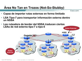 Área No Tan en Trozos (Not-So-Stubby)
• Capaz de importar rutas externas en forma limitada
• LSA Tipo-7 para transportar información externa dentro
  un NSSA
• Los ruteadors de border del NSSA traducen ciertos
  LSAs de red externo tipo-7 a tipo-5               Redes Externas

                                                                                                         ASBR           X.1

                                           Omisión 2&3                                                                       1,2

                                                                                                1,3


                        1.B                      1.A                                                     3.B           3.A
                                                       Token                                                                  Token

           Redes
                                                        Ring              2.B             2.A                                  Ring
                                   Token
                                               X.1             1.D
                                                                                                               Token
                      X.2                                                                                               X.1, X.2 3.D
                                    Ring                                                                        Ring
          Externas                                                                           Token
                                           1.C                                  Token
                                                                                              Ring
                                                                                                   2.D                 3.C
                                                                                 Ring

                                                                                        2.C X.1, X.2

Cisco ISP Workshops    © 2003, Cisco Systems, Inc. All rights reserved.                                                                42
 
