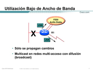 Utilización Bajo de Ancho de Banda

                                                                                   FDDI
                                                                               Anillo Doble
                                                                   LSA



                                                 X                              R1


                                                                         LSA


                 • Sólo se propagan cambios
                 • Multicast en redes multi-acceso con difusión
                   (broadcast)


Cisco ISP Workshops   © 2003, Cisco Systems, Inc. All rights reserved.                        7
 