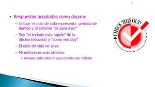 3
• Respuestas aceptadas como dogma:
– Utilizar el ciclo de vida representa perdida de
tiempo y el sistema “es para ayer”
– Soy “el teclado más rápido” de la
oficina (escuela) y “como veo doy”
– El ciclo de vida no sirve
– Mi método es más efectivo
• Aunque nadie sabe en que consiste ese método
 