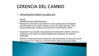 • ORGANIZACIONES GLOBALES:
•
•
•
TIPOS:
EMPRESAS MULTINACIONALES:
Mantienen operaciones importantes en varios países pero son dirigidas
centralmente por una matriz ubicada en país de origen (Ejemplo: Sony,
Deutsche Bank AG). Todas las decisiones se toman desde la matriz.
•
•
Organización que adopta una perspectiva mundial sobre clientes, servicios y
productos y que posee una filosofía global para realización de negocios
(Hellriegel)
Modelo de organización que comprende a las subsidiarias de cada país, donde
•
una empresa hace negocios y el control final lo ejerce la empresa matriz
(Bateman)
 