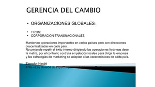 • ORGANIZACIONES GLOBALES:
•
•
TIPOS:
CORPORACION TRANSNACIONALES
Mantienen operaciones importantes en varios países pero con direcciones
descentralizadas en cada país.
No pretende repetir el éxito interno dirigiendo las operaciones foráneas dese
la matriz, por el contrario contrata empelados locales para dirigir la empresa
y las estrategias de marketing se adaptan a las características de cada país.
Ejemplo: Nestlé
Frito – Lay división de PipsiCo que vende la marca Doritos.
 