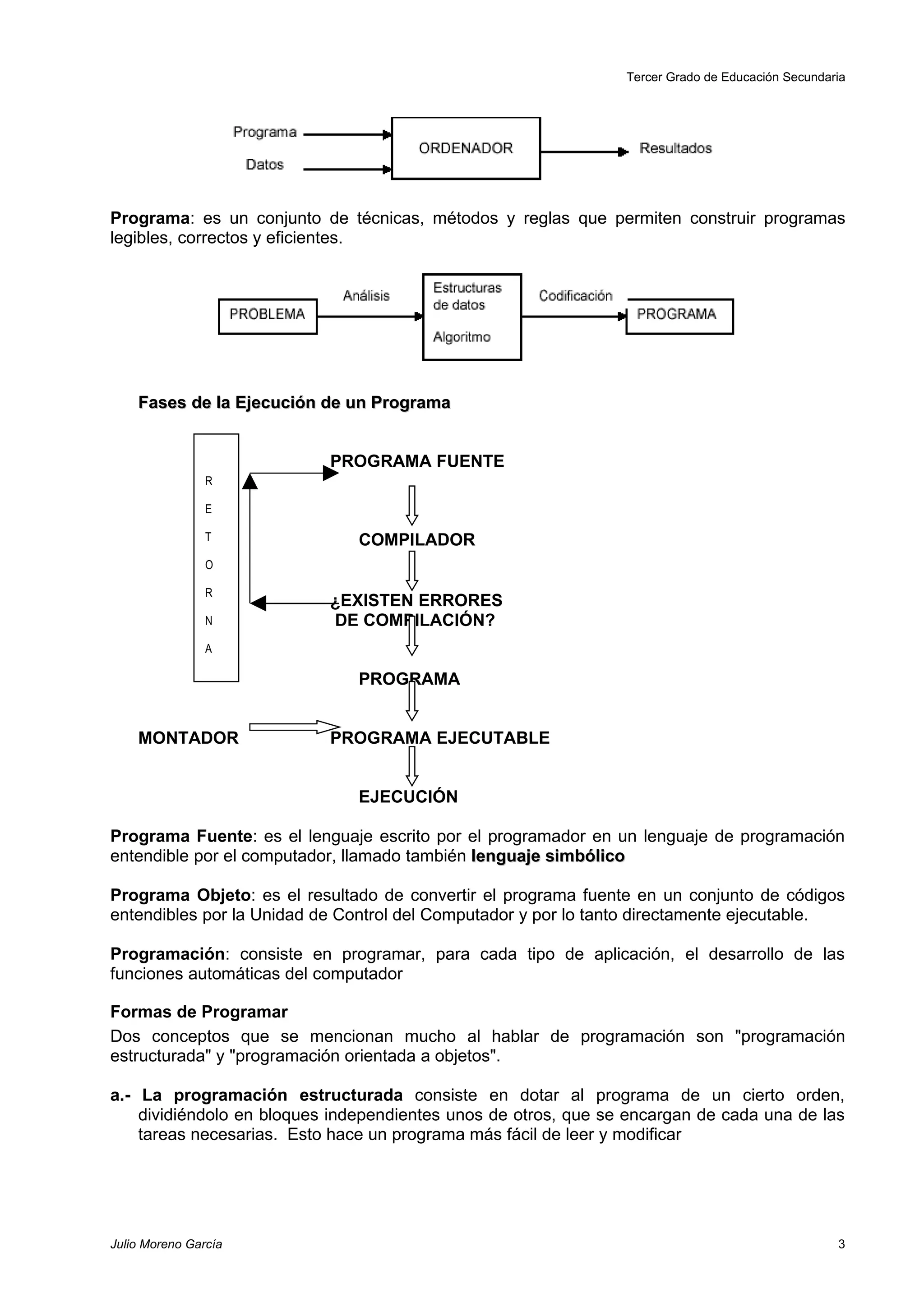Tercer Grado de Educación Secundaria




Programa: es un conjunto de técnicas, métodos y reglas que permiten construir programas
legibles, correctos y eficientes.




    Fases de la Ejecución de un Programa


                           PROGRAMA FUENTE
                R

                E

                T              COMPILADOR
                O

                R
                           ¿EXISTEN ERRORES
                N          DE COMPILACIÓN?
                A

                               PROGRAMA


    MONTADOR               PROGRAMA EJECUTABLE


                               EJECUCIÓN

Programa Fuente: es el lenguaje escrito por el programador en un lenguaje de programación
entendible por el computador, llamado también lenguaje simbólico

Programa Objeto: es el resultado de convertir el programa fuente en un conjunto de códigos
entendibles por la Unidad de Control del Computador y por lo tanto directamente ejecutable.

Programación: consiste en programar, para cada tipo de aplicación, el desarrollo de las
funciones automáticas del computador

Formas de Programar
Dos conceptos que se mencionan mucho al hablar de programación son "programación
estructurada" y "programación orientada a objetos".

a.- La programación estructurada consiste en dotar al programa de un cierto orden,
    dividiéndolo en bloques independientes unos de otros, que se encargan de cada una de las
    tareas necesarias. Esto hace un programa más fácil de leer y modificar




Julio Moreno García                                                                               3
 