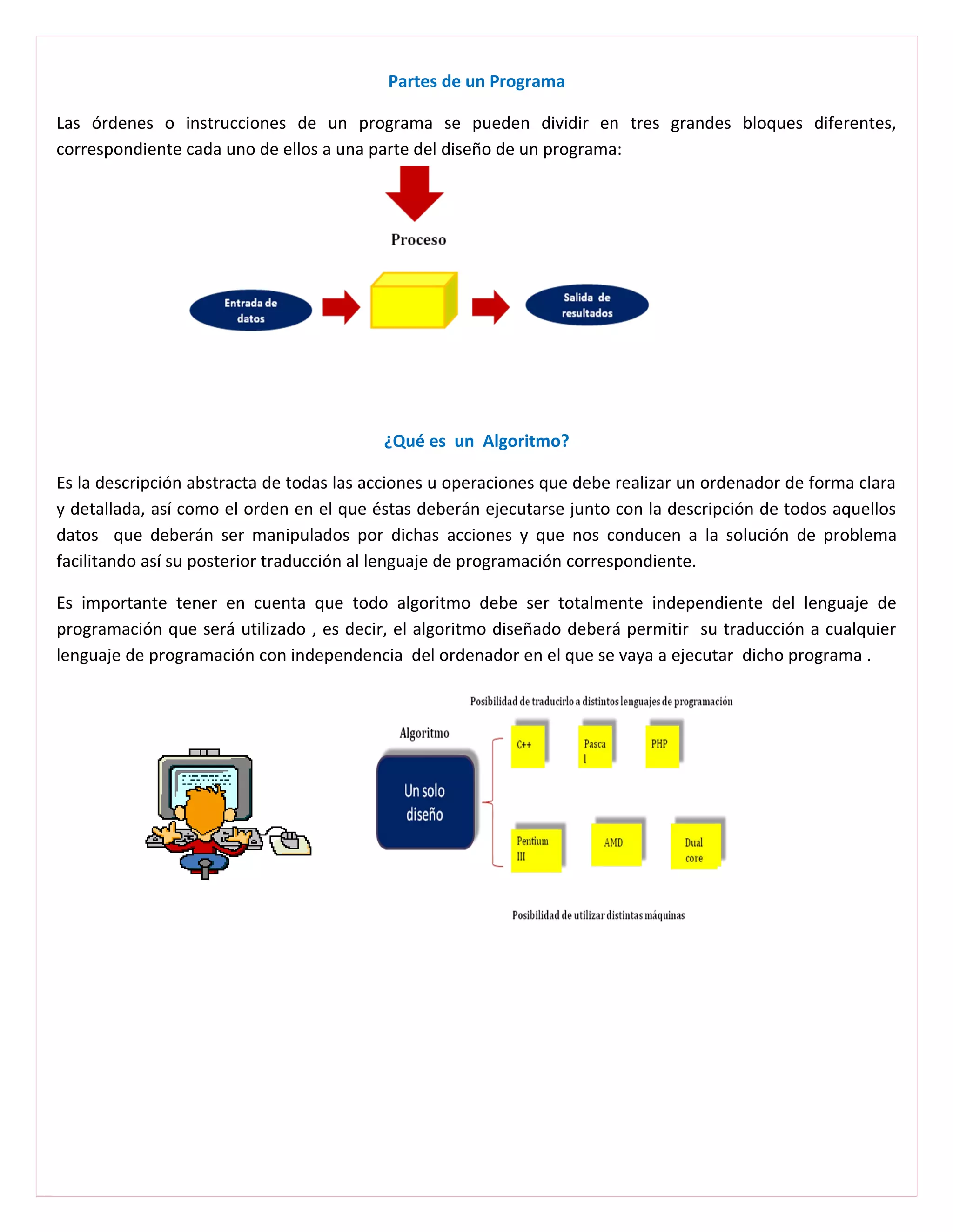 Partes de un Programa

Las órdenes o instrucciones de un programa se pueden dividir en tres grandes bloques diferentes,
correspondiente cada uno de ellos a una parte del diseño de un programa:




                                          ¿Qué es un Algoritmo?

Es la descripción abstracta de todas las acciones u operaciones que debe realizar un ordenador de forma clara
y detallada, así como el orden en el que éstas deberán ejecutarse junto con la descripción de todos aquellos
datos que deberán ser manipulados por dichas acciones y que nos conducen a la solución de problema
facilitando así su posterior traducción al lenguaje de programación correspondiente.

Es importante tener en cuenta que todo algoritmo debe ser totalmente independiente del lenguaje de
programación que será utilizado , es decir, el algoritmo diseñado deberá permitir su traducción a cualquier
lenguaje de programación con independencia del ordenador en el que se vaya a ejecutar dicho programa .
 