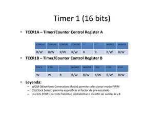 Timer 1 (16 bits)
• TCCR1A – Timer/Counter Control Register A
COM1A1

COM1A0

COM1B1

COM1B0

--

--

WGM11

WGM10

R/W

R/W

R/W

R/W

R

R

R/W

R/W

• TCCR1B – Timer/Counter Control Register B
ICNC1

IC3S1

--

WGM13

WGM12

CS12

CS11

CS10

W

W

R

R/W

R/W

R/W

R/W

R/W

• Leyenda:
– WGM (Waveform Generation Mode) permite seleccionar modo PWM
– CS (Clock Select) permite especificar el factor de pre-escalado
– Los bits COM1 permite habilitar, deshabilitar o invertir las salidas A y B

 