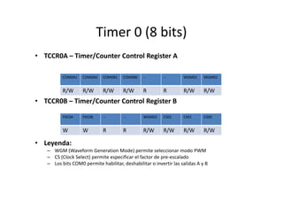 Timer 0 (8 bits)
• TCCR0A – Timer/Counter Control Register A
COM0A1

COM0A0

COM0B1

COM0B0

--

--

WGM01

WGM02

R/W

R/W

R/W

R/W

R

R

R/W

R/W

• TCCR0B – Timer/Counter Control Register B
F0C0A

F0C0B

--

--

WGM02

CS02

CS01

CS00

W

W

R

R

R/W

R/W

R/W

R/W

• Leyenda:
– WGM (Waveform Generation Mode) permite seleccionar modo PWM
– CS (Clock Select) permite especificar el factor de pre-escalado
– Los bits COM0 permite habilitar, deshabilitar o invertir las salidas A y B

 