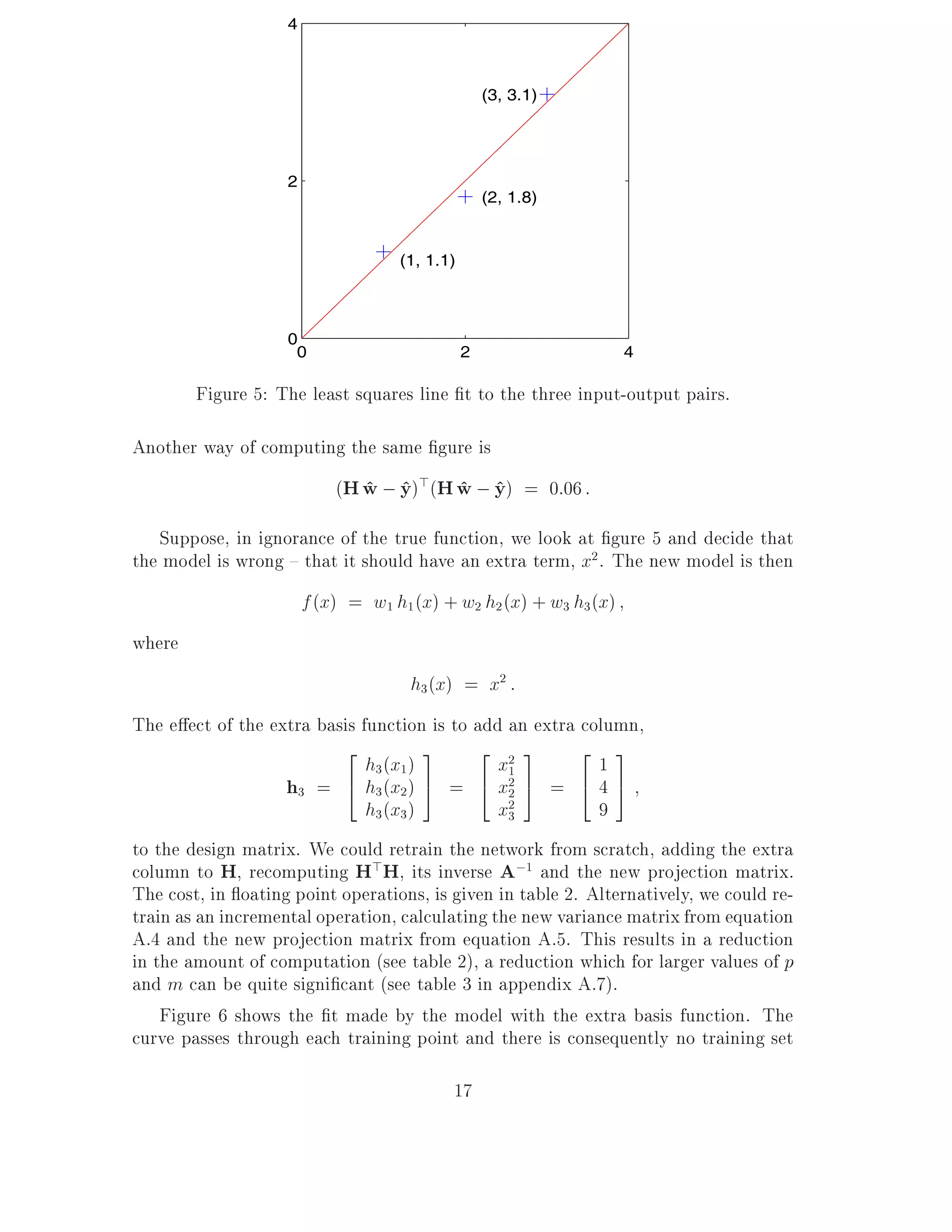 4



                                                   (3, 3.1)




                    2
                                                   (2, 1.8)


                                    (1, 1.1)



                    0
                     0                         2                   4

        Figure 5: The least squares line t to the three input-output pairs.

Another way of computing the same gure is
                            (H w ; y)>(H w ; y) = 0:06 :
                               ^ ^       ^ ^
   Suppose, in ignorance of the true function, we look at gure 5 and decide that
the model is wrong { that it should have an extra term, x2 . The new model is then
                        f (x) = w1 h1 (x) + w2 h2 (x) + w3 h3(x)
where
                                     h3 (x) = x2 :
The e ect of the extra basis function is to add an extra column,
                          2            3    2 23         2 3
                              h3 (x1 )         x1          1
                   h3 =   4 h3 (x2 ) 5 = 4 x2 5 = 4 4 5
                                                2
                              h3 (x3 )         x2
                                                3          9
to the design matrix. We could retrain the network from scratch, adding the extra
column to H, recomputing H>H, its inverse A;1 and the new projection matrix.
The cost, in oating point operations, is given in table 2. Alternatively, we could re-
train as an incremental operation, calculating the new variance matrix from equation
A.4 and the new projection matrix from equation A.5. This results in a reduction
in the amount of computation (see table 2), a reduction which for larger values of p
and m can be quite signi cant (see table 3 in appendix A.7).
    Figure 6 shows the t made by the model with the extra basis function. The
curve passes through each training point and there is consequently no training set

                                           17
 