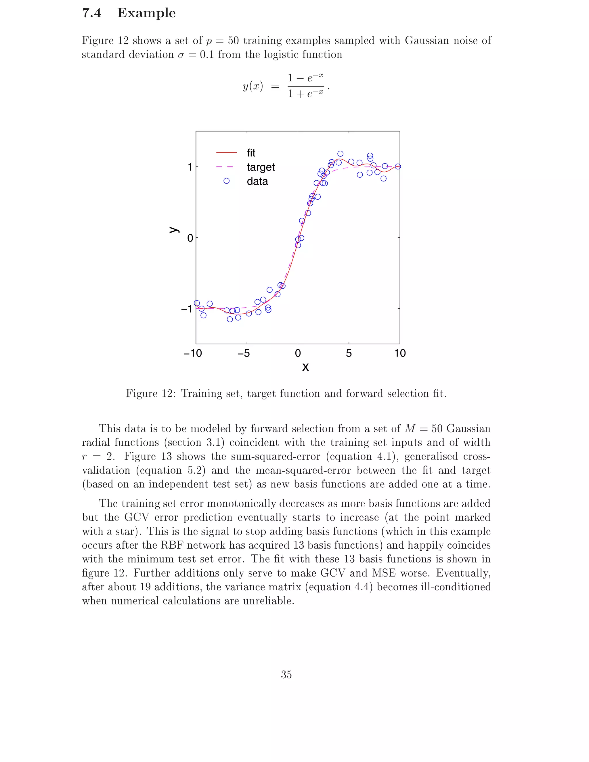 7.4 Example
Figure 12 shows a set of p = 50 training examples sampled with Gaussian noise of
standard deviation = 0:1 from the logistic function
                                y(x) = 1 ; e;x :
                                         1+
                                             e;x



                                  fit
                      1           target
                                  data
                 y



                      0




                     −1



                     −10        −5              0       5        10
                                                    x
         Figure 12: Training set, target function and forward selection t.

    This data is to be modeled by forward selection from a set of M = 50 Gaussian
radial functions (section 3.1) coincident with the training set inputs and of width
r = 2. Figure 13 shows the sum-squared-error (equation 4.1), generalised cross-
validation (equation 5.2) and the mean-squared-error between the t and target
(based on an independent test set) as new basis functions are added one at a time.
    The training set error monotonically decreases as more basis functions are added
but the GCV error prediction eventually starts to increase (at the point marked
with a star). This is the signal to stop adding basis functions (which in this example
occurs after the RBF network has acquired 13 basis functions) and happily coincides
with the minimum test set error. The t with these 13 basis functions is shown in
 gure 12. Further additions only serve to make GCV and MSE worse. Eventually,
after about 19 additions, the variance matrix (equation 4.4) becomes ill-conditioned
when numerical calculations are unreliable.



                                           35
 
