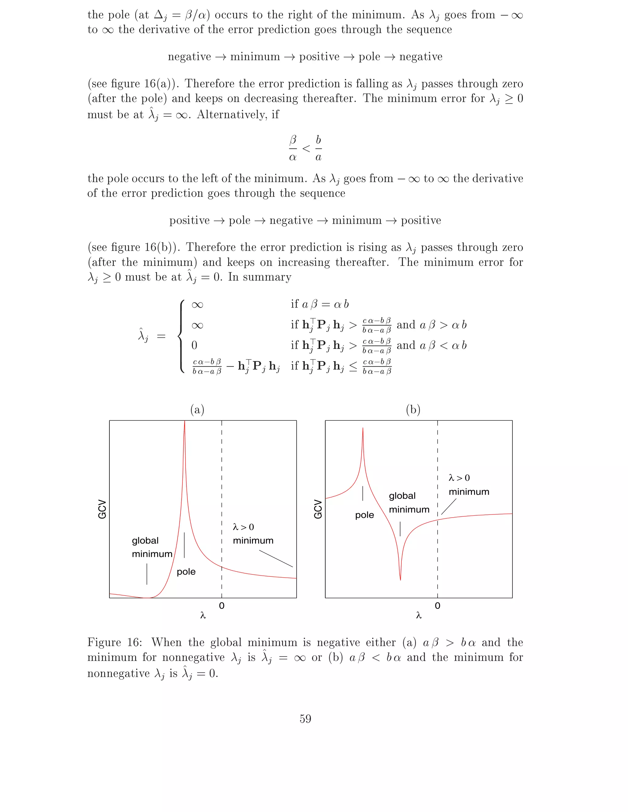 the pole (at j = = ) occurs to the right of the minimum. As j goes from ; 1
to 1 the derivative of the error prediction goes through the sequence
               negative ! minimum ! positive ! pole ! negative
(see gure 16(a)). Therefore the error prediction is falling as j passes through zero
(after the pole) and keeps on decreasing thereafter. The minimum error for j 0
must be at ^j = 1. Alternatively, if
                                          <ab

the pole occurs to the left of the minimum. As j goes from ; 1 to 1 the derivative
of the error prediction goes through the sequence
               positive ! pole ! negative ! minimum ! positive
(see gure 16(b)). Therefore the error prediction is rising as j passes through zero
(after the minimum) and keeps on increasing thereafter. The minimum error for
  j 0 must be at ^ j = 0. In summary
                81
                >
                >                     if a = b
                >
                >1
                <
          ^j =                        if h>Pj hj > bc ;a and a > b
                                          j
                                                        ;b
                >0
                >
                >                     if h>Pj hj > bc ;a and a < b
                                          j
                                                        ;b
                > c ;b
                :
                     b ;a; h>P h if h>P h c ;b
                                   j   j j    j         j j    b ;a


                    (a)                                                  (b)



                                                                                       λ>0
                                                                      global           minimum
 GCV




                                                  GCV




                                                                      minimum
                                                              pole
                                 λ>0
        global                   minimum
        minimum
                  pole


                             0                                                     0
                         λ                                                     λ


Figure 16: When the global minimum is negative either (a) a > b and the
minimum for nonnegative j is ^j = 1 or (b) a < b and the minimum for
nonnegative j is ^j = 0.

                                             59
 