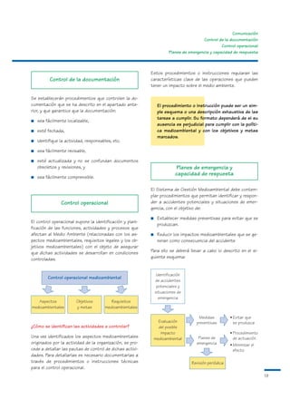 Comunicación
                                                                                       Control de la documentación
                                                                                                 Control operacional
                                                                      Planes de emergencia y capacidad de respuesta



                                                           Estos procedimientos o instrucciones regularan las
          Control de la documentación                      características clave de las operaciones que pueden
                                                           tener un impacto sobre el medio ambiente.

Se establecerán procedimientos que controlen la do-
cumentación que se ha descrito en el apartado ante-             El procedimiento o instrucción puede ser un sim-
rior, y que garantice que la documentación:                     ple esquema o una descripción exhaustiva de las
                                                                tareas a cumplir. Su formato dependerá de si su
■   sea fácilmente localizable,
                                                                ausencia es perjudicial para cumplir con la políti-
■   esté fechada,                                               ca medioambiental y con los objetivos y metas
                                                                marcados.
■   identifique la actividad, responsables, etc.

■   sea fácilmente revisable,

■   esté actualizada y no se confundan documentos
    obsoletos y revisiones, y                                            Planes de emergencia y
                                                                         capacidad de respuesta
■   sea fácilmente comprensible.

                                                           El Sistema de Gestión Medioambiental debe contem-
                                                           plar procedimientos que permitan identificar y respon-
                Control operacional                        der a accidentes potenciales y situaciones de emer-
                                                           gencia, con el objetivo de:

                                                           ■    Establecer medidas preventivas para evitar que se
El control operacional supone la identificación y plani-
                                                                produzcan.
ficación de las funciones, actividades y procesos que
afectan al Medio Ambiente (relacionadas con los as-        ■    Reducir los impactos medioambientales que se ge-
pectos medioambientales, requisitos legales y los ob-           neran como consecuencia del accidente
jetivos medioambientales) con el objeto de asegurar
que dichas actividades se desarrollan en condiciones       Para ello se deberá llevar a cabo lo descrito en el si-
controladas.                                               guiente esquema:


                                                               Identificación
         Control operacional medioambiental
                                                               de accidentes
                                                                potenciales y
                                                               situaciones de
                                                                 emergencia
   Aspectos             Objetivos         Requisitos
medioambientales        y metas        medioambientales

                                                                                     Medidas          • Evitar que
                                                                 Evaluación         preventivas         se produzca
¿Cómo se identifican las actividades a controlar?                del posible
                                                                  impacto                             • Procedimiento
Una vez identificados los aspectos medioambientales            medioambiental        Planes de          de actuación
originados por la actividad de la organización, se pro-                             emergencia        • Minimizar el
cede a detallar las pautas de control de dichas activi-                                                 efecto
dades. Para detallarlas es necesario documentarlas a
través de procedimientos o instrucciones técnicas                                Revisión periódica
para el control operacional.
                                                                                                                        19
 