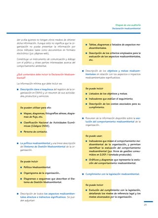 Etapas de una auditoría
                                                                                         Declaración medioambiental



der a ella quienes no tengan otros medios de obtener
dicha información. Aunque esto no significa que la or-
                                                                ■   Tablas, diagramas o listados de aspectos me-
ganización no pueda presentar la información por
                                                                    dioambientales.
otros métodos tales como documentos en formato
electrónico (p.e. páginas web),                                 ■   Descripción de los criterios empleados para la
                                                                    evaluación de los aspectos medioambientales,
Constituye un instrumento de comunicación y diálogo                 etc.
con el público y otras partes interesadas acerca del
comportamiento ambiental.
                                                            ■   Descripción de los objetivos y metas medioam-
¿Qué contenidos debe incluir la Declaración Medioam-            bientales en relación con los aspectos e impactos
biental?                                                        medioambientales significativos.

La información mínima que debe incluir es:

■   Descripción clara e inequívoca del registro de la or-       Se puede incluir
    ganización en EMAS y un resumen de sus activida-            ■   Listados de los objetivos y metas.
    des, productos y servicios.
                                                                ■   Indicadores que evalúan el seguimiento.
                                                                ■   Descripción de los costes asociados para su
    Se pueden utilizar para ello:                                   cumplimiento.

    ■   Mapas, diagramas, fotografías aéreas, diagra-
        mas de flujo, etc.
                                                            ■   Resumen de la información disponible sobre la evo-
    ■   Clasificación Nacional de Actividades Econó-            lución del comportamiento medioambiental de la
        micas (Códigos CNAE).                                   organización.

    ■   Persona de contacto.
                                                                Se puede usar:
                                                                ■   Indicadores que midan el comportamiento me-
■   La política medioambiental y una breve descripción              dioambiental de la organización, y permitan
    del Sistema de Gestión Medioambiental de la or-                 identificar la evaluación del comportamiento
    ganización.                                                     medioambiental (p.e. litros de gasóleo consu-
                                                                    midos en 2.001 / tonelada producida).
                                                                ■   Gráficos y diagramas que represente la evolu-
    Se puede incluir
                                                                    ción del comportamiento medioambiental.
    ■   Política Medioambiental.

    ■   Organigrama de la organización..                    ■   Cumplimiento con la legislación medioambiental.
    ■   Diagramas o esquemas que describan el Sis-
        tema de Gestión Medioambiental.
                                                                Se puede incluir
                                                                ■   Evolución del cumplimiento con la legislación,
■   Descripción de todos los aspectos medioambien-                  detallando los niveles de referencia legal y los
    tales directos e indirectos significativos. Se pue-             niveles alcanzados por la organización.
    den adjuntar:
                                                                                                                       25
 