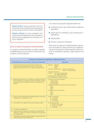 Aspectos medioambientales



                                                                             Los criterios de evaluación adoptados deben ser:
   Aspecto directo: los que se generan como con-
                                                                             ■   Generales (es decir que cubran todos los aspectos
   secuencias de las actividades de la organización
                                                                                 generados).
   y sobre los que se tiene el control de la gestión.

   Aspecto indirecto: Los que se generan como                                ■   Aptos para ser sometidos a una comprobación in-
   consecuencia del desarrollo de las actividades y                              dependiente.
   sobre los que la organización no tiene pleno con-
                                                                             ■   Reproducibles.
   trol en la gestión.
                                                                             ■   Puestos a disposición del público.

                                                                             Para valorar los aspectos medioambientales significa-
¿Cómo se evalúan los aspectos medioambientales?
                                                                             tivos se tendrán en cuenta al menos las consideracio-
Los aspectos medioambientales se evalúan mediante                            nes que se muestran en la tabla siguiente, donde se in-
el establecimiento de unos criterios de evaluación, que                      dican la consideración general, y algún ejemplo de la
se aplican a dichos aspectos.                                                misma.


                                      Criterios de evaluación de aspectos medioambientales
  Consideraciones acerca de los criterios de evaluación                                                Ejemplos
  1.   Información sobre la situación del medio ambiente para               Residuo:   Peligroso
       determinar las actividades productos y servicios de la                          Urbano
       organización que pueden tener un impacto medioambiental.                        Inerte
                                                                            Emisiones atmosféricas:    Gases contaminantes
                                                                                                       Gases no contaminantes
                                                                            Emisiones acústicas
                                                                            Vertidos: Con carga contaminante
                                                                                       Sin carga contaminante
                                                                            Contaminación o afección al suelo
                                                                            No contaminación o afección al suelo
  2. Magnitud de generación de los aspectos, obtenida a través de           Consumo de recursos naturales
     datos existentes en la organización sobre materiales y consumo             Consumo alto
     de energía, vertidos, residuos y emisiones, en términos de                 Consumo Medio
     riesgos.                                                                   Consumo Bajo
                                                                            Magnitud generada de residuos, vertidos, emisiones,... :
                                                                                Alta
                                                                                Media
                                                                                Baja
                                                                            Incidencia en el medio receptor:
                                                                                Alta
                                                                                Media
                                                                                Baja
  3. Puntos de vista de las partes interesadas (público, accionistas,       Quejas o molestias:
     empleados de la organización, etc.).                                      A.- No existen.
                                                                               B.- Resueltas.
                                                                               C.- Por resolver
  4. Actividades de la organización que están reglamentadas                 Normativa aplicable:
                                                                               A.- Existe y se incumple.
                                                                               B.- Existe y se cumple.
                                                                               C.- No existe
  5. Actividades de adquisición
  6. Diseño, desarrollo, fabricación, distribución, mantenimiento,
     utilización, reutilización, reciclado y eliminación de los productos
     de la organización
  7. Actividades de la organización que tengan los costes y beneficios
     medioambientales más significativos

                                                                                                                                           9
 