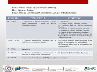 Fecha: Primera semana del curso escolar. (Martes)
Hora: 9:00 am – 3:00 pm
Lugar: Áreas de Salud Integral Comunitarias (ASIC) de todos los Estados.
HORARIO TEMAY TÍTULO CONTENIDO
9:00 – 11:00 am 1.- Introducción al Servicio Comunitario. Aspectos
teóricos metodológicos y legales del Servicio
Comunitario Estudiantil.
1.1.- Introducción.
1.2.- Origen del Servicio Comunitario Estudiantil.
1.3.- Plataforma legal del Servicio Comunitario
Estudiantil.
1.4.- Definición del Servicio Comunitario Estudiantil.
1.5.- Propósitos del Servicio Comunitario Estudiantil.
1.6.- Duración del Servicio Comunitario Estudiantil
1.7.- El Servicio Comunitario para los estudiantes del
Programa Nacional de Formación en Medicina Integral
Comunitaria (PNFMIC).
11:00 am – 1:00 pm 2.- Aspectos metodológicos necesarios para la
confección del proyecto de investigación.
2.1.- Aspectos generales para la confección de un
proyecto de investigación y el Informe Final.
2.2.- Estructura del proyecto de investigación. Sus
partes y ejemplos.
1:00 – 1:30 pm
Almuerzo
1:30 – 2:30 pm 3.- Aspectos metodológicos necesarios para la
confección del informe final de la investigación.
3.1.- Confección del Informe Final. Sus partes.
2:30 – 3:00 pm Evaluación de la Actividad a través del PNI (Positivo, Interesante y Negativo)
 