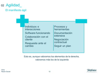 12
Área
Razón Social
Agilidad_
Esto es, aunque valoramos los elementos de la derecha,
valoramos más los de la izquierda
El manifiesto ágil
02
 