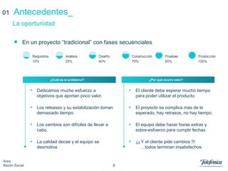 8
Área
Razón Social
Antecedentes_
• En un proyecto “tradicional” con fases secuenciales
La oportunidad
01
• Dedicamos mucho esfuerzo a
objetivos que aportan poco valor.
• Los releases y su estabilización toman
demasiado tiempo.
• Los cambios son difíciles de llevar a
cabo.
• La calidad decae y el equipo se
desmotiva.
¿Cuál es el problema?:
• El cliente debe esperar mucho tiempo
para poder utilizar el producto.
• El proyecto se complica mas de lo
esperado, hay retrasos, no hay tiempo.
• El equipo debe hacer horas extras y
sobre-esfuerzo para cumplir fechas.
• ¡¡¡ Y el cliente pide cambios !!!
…todos terminan insatisfechos.
¿Por qué ocurre esto?:
 
