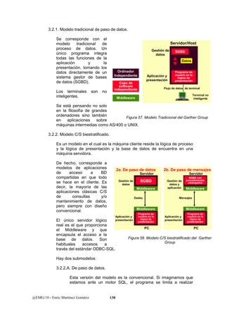 3.2.1. Modelo tradicional de paso de datos. 
Se corresponde con el 
modelo tradicional de 
proceso de datos. Un 
único programa integra 
todas las funciones de la 
aplicación y la 
presentación, tomando los 
datos directamente de un 
sistema gestor de bases 
de datos (SGBD). 
Los terminales son no 
inteligentes. 
Se está pensando no solo 
en la filosofía de grandes 
ordenadores sino también 
en aplicaciones sobre 
máquinas intermedias como AS/400 o UNIX. 
3.2.2. Modelo C/S biestratificado. 
Gestión de 
datos 
Flujo de datos de terminal 
Es un modelo en el cual es la máquina cliente reside la lógica de proceso 
y la lógica de presentación y la base de datos de encuentra en una 
máquina servidora. 
De hecho, corresponde a 
modelos de aplicaciones 
de acceso a BD 
compartidas en que todo 
se hace en el cliente. Es 
decir, la mayoría de las 
aplicaciones clásicas C/S 
de consultas y/o 
mantenimiento de datos, 
pero siempre con diseño 
convencional. 
El único servidor lógico 
real es el que proporciona 
el Middleware y que 
encapsula el acceso a la 
base de datos. Son 
habituales accesos a 
través del estándar ODBC-SQL. 
Hay dos submodelos: 
3.2.2.A. De paso de datos. 
2b. De paso de mensajes 
Gestión de 
datos y 
aplicación 
SGBD con 
procedimentos 
catalogados 
Middleware 
Dades Mensajes 
Middleware 
2a. De paso de datos 
Gestión de 
datos 
SGBD 
Middleware 
Middleware 
Esta versión del modelo es la convencional. Si imaginamos que 
estamos ante un motor SQL, el programa se limita a realizar 
@EMG/10 - Enric Martínez Gomàriz 130 
SGBD 
Datos 
Programa de 
usuario en la 
lógica de 
presentación 
Aplicación y 
presentación 
Servidor/Host 
Terminal no 
inteligente 
Ordinador 
Independiente 
Capa de 
software 
independiente 
Middleware 
Figura 57. Modelo Tradicional del Garther Group 
Aplicación y 
presentación 
Servidor 
Programa de 
usuario en la 
lógica de 
presentación 
PC 
Aplicación y 
presentación 
Servidor 
Programa de 
usuario en la 
lógica de 
presentación 
PC 
Figura 58. Modelo C/S biestratificado del Garther 
Group 
 
