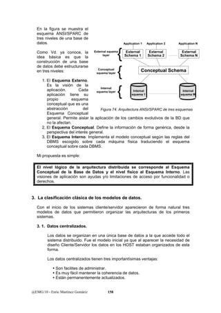 En la figura se muestra el 
esquema ANSI/SPARC de 
tres niveles de una base de 
datos. 
Como Vd. ya conoce, la 
idea básica es que la 
construcción de una base 
de datos debe estructurarse 
en tres niveles: 
1. El Esquema Externo. 
Application 1 Application 2 Application N 
External 
Schema 1 
External 
Schema N 
External 
Schema 2 
Es la visión de la 
aplicación. Cada 
aplicación tiene su 
propio esquema 
conceptual que es una 
abstracción del 
Esquema Conceptual 
general. Permite aislar la aplicación de los cambios evolutivos de la BD que 
no la afectan. 
2. El Esquema Conceptual. Define la información de forma genérica, desde la 
perspectiva del interés general. 
3. El Esquema Interno. Implementa el modelo conceptual según las reglas del 
DBMS escogido sobre cada máquina física traduciendo el esquema 
conceptual sobre cada DBMS. 
Mi propuesta es simple: 
El nivel lógico de la arquitectura distribuida se corresponde al Esquema 
Conceptual de la Base de Datos y el nivel físico al Esquema Interno. Las 
visiones de aplicación son ayudas y/o limitaciones de acceso por funcionalidad o 
derechos. 
3. La clasificación clásica de los modelos de datos. 
Con el inicio de los sistemas cliente/servidor aparecieron de forma natural tres 
modelos de datos que permitieron organizar las arquitecturas de los primeros 
sistemas. 
3. 1. Datos centralizados. 
Los datos se organizan en una única base de datos a la que accede todo el 
sistema distribuido. Fue el modelo inicial ya que al aparecer la necesidad de 
diseño Cliente/Servidor los datos en los HOST estaban organizados de esta 
forma. 
Los datos centralizados tienen tres importantísimas ventajas: 
y Son facilites de administrar. 
y Es muy fácil mantener la coherencia de datos. 
y Están permanentemente actualizados. 
@EMG/10 - Enric Martínez Gomàriz 158 
Conceptual Schema 
External layer 
squema{ 
Conceptual { 
squema layer 
{ Internal 
squema layer Internal 
squema 1 
Internal 
squema M 
Figura 74. Arquitectura ANSI/SPARC de tres esquemas 
 