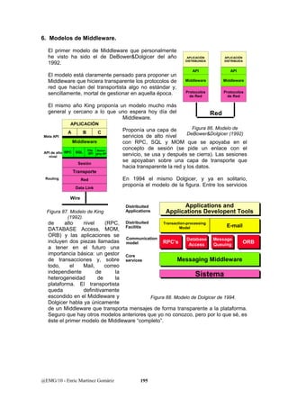 6. Modelos de Middleware. 
El primer modelo de Middleware que personalmente 
he visto ha sido el de DeBower&Dolgicer del año 
1992. 
El modelo está claramente pensado para proponer un 
Middleware que hiciera transparente los protocolos de 
red que hacían del transportista algo no estándar y, 
sencillamente, mortal de gestionar en aquella época. 
El mismo año King proponía un modelo mucho más 
general y cercano a lo que uno espera hoy día del 
APLICACIÓN 
DISTRIBUIDA 
API 
Middleware 
APLICACIÓN 
DISTRIBUINDA 
API 
Middleware 
Middleware. 
Proponía una capa de 
servicios de alto nivel 
con RPC, SQL y MOM que se apoyaba en el 
concepto de sesión (se pide un enlace con el 
servicio, se usa y después se cierra). Las sesiones 
se apoyaban sobre una capa de transporte que 
hacia transparente la red y los datos. 
En 1994 el mismo Dolgicer, y ya en solitario, 
proponía el modelo de la figura. Entre los servicios 
APLICACIÓN 
A B C 
Middleware 
RPC SQL File 
API 
Applications and 
Applications and 
Applications Developent Tools 
Applications Developent Tools 
Distribuited 
Applications 
de alto nivel (RPC, 
Distribuited 
Transaction-processing 
DATABASE Access, MOM, 
Facilitis 
Model EE--mmaaiill 
ORB) y las aplicaciones se 
incluyen dos piezas llamadas 
a tener en el futuro una 
importancia básica: un gestor 
de transacciones y, sobre 
todo, el Mail, correo 
independiente de la 
heterogeneidad de la 
plataforma. El transportista 
queda definitivamente 
escondido en el Middleware y 
Dolgicer habla ya únicamente 
de un Middleware que transporta mensajes de forma transparente a la plataforma. 
Seguro que hay otros modelos anteriores que yo no conozco, pero por lo que sé, es 
éste el primer modelo de Middleware “completo”. 
Message 
Queuing OORRBB Communication 
@EMG/10 - Enric Martínez Gomàriz 195 
Red 
Protocolos 
de Red 
Protocolos 
de Red 
Figura 86. Modelo de 
DeBower&Dolgicer (1992) 
Sesión 
Transporte 
Red 
Data Link 
Messa-ging 
API 
Meta API 
API de alto 
nivel 
Routing 
Wire 
Figura 87. Modelo de King 
(1992). 
Database 
Access 
RRPPCC’’ss Database 
Access 
Message 
Queuing 
MMeessssaaggiinngg MMiiddddlleewwaarree 
model 
Transaction-processing 
Model 
Core 
services 
SSiisstteemmaa 
Figura 88. Modelo de Dolgicer de 1994. 
 