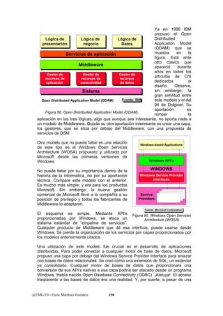 . 
Lógica de 
presentación 
Lógica de 
presentación 
Gestor de 
recursos de 
aplicación 
Gestor de 
recursos de 
aplicación 
Lògica de 
negocio 
Lògica de 
negocio 
SSeerrvviicciiooss ddee aapplliiccaacciióónn 
MMiiddddlleewwaarree 
Gestor de 
recursos de 
conectividad 
Gestor de 
recursos de 
conectividad 
SSiisstteemmaa 
Open Distributed Application Model (ODAM) 
Figura 89. Open Distribuited Application Model (ODAM). 
@EMG/10 - Enric Martínez Gomàriz 196 
Ya en 1996 IBM 
propuso el Open 
Distribuited 
Application Model 
(ODAM) que se 
muestra en la 
figura. Está ante 
otro clásico que 
apareció durante 
años en todos los 
artículos de C/S 
dedicados al 
diseño. Observe, 
sin embargo, la 
gran similitud entre 
este modelo y el del 
94 de Dolgicer. Su 
aportación es 
romper la 
Lógica de 
Datos 
Lógica de 
Datos 
Gestor de 
recursos 
de datos 
Gestor de 
recursos 
de datos 
FFuueennttee:: IIBBMM 
aplicación en las tres lógicas, algo que aunque sea interesante, no aporta nada a 
un modelo de Middleware. Quizás su otra aportación interesante es crear una capa, 
los gestores, que se sitúa por debajo del Middleware, con una propuesta de 
servicios de DSM. 
Otro modelo que no puede faltar en una relación 
de este tipo es el Windows Open Services 
Windows-based Applications 
Architecture (WOSA) propuesto y utilizado por 
Microsoft desde las primeras versiones de 
Windows. 
Windows API’s 
No puede faltar por su importancia dentro de la 
WINDOWS 
historia de la informática, no por su aportación 
Windows Service Provider 
técnica. Compare este modelo con el anterior. 
Interfaces 
Es mucho más simple; y era para los productos 
Microsoft. Sin embargo, la buena gestión 
comercial de Microsoft llevó a la compañía a su 
Service 
posición de privilegio y todos los fabricantes de 
Providers 
Middleware lo adaptaron. 
FFuueennttee:: MMiiccrroossoottff CCoorrppoorraattiioonn 
El esquema es simple. Mediante API’s 
proporcionadas por Windows, se ataca un 
Figura 90. Windows Open Services 
Architecture (WOSA) 
sistema estándar de “empalme de servicios”. 
Cualquier producto de Middleware que dé esa interfície, puede usarse desde 
Windows. Se pierde la organización de los servicios por capas proporcionados por 
los modelos anteriormente citados. 
Una utilización de este modelo fue crucial es el desarrollo de aplicaciones 
distribuidas. Para poder conectar a cualquier motor de base de datos, Microsoft 
propuso una capa por debajo del Windows Service Provider Interface para enlazar 
con bases de datos relacionales. Se creó como una extensión de SQL, un estándar 
ya consolidado. Cualquier motor de bases de datos que proporcionara una 
conversión de sus API’s nativas a esa capa podría ser atacado desde un programa 
Windows. Había nacido Open Database Connectivity (ODBC). ¡Aleluya!. El acceso 
trasparente a las bases de datos era una realidad. Y, por suerte, a pesar de una 
 